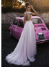 Heavily Beaded Ivory Tulle High Slit Sexy Beach Wedding Dress Heavily Beaded Ivory Tulle High Slit Sexy Beach Wedding Dress